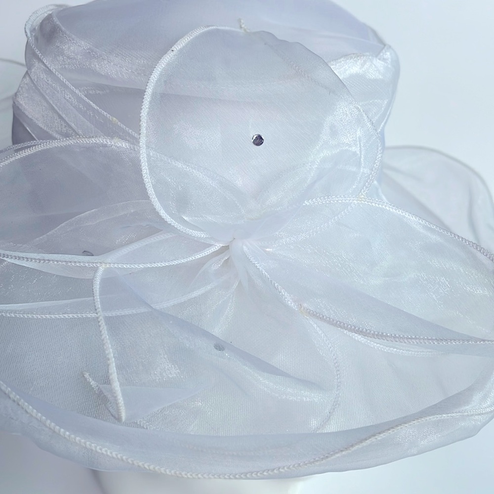 White Organza Women's Hat Sheer Elegant Bride Rhinestone Kentucky Derby - Picture 2 of 7